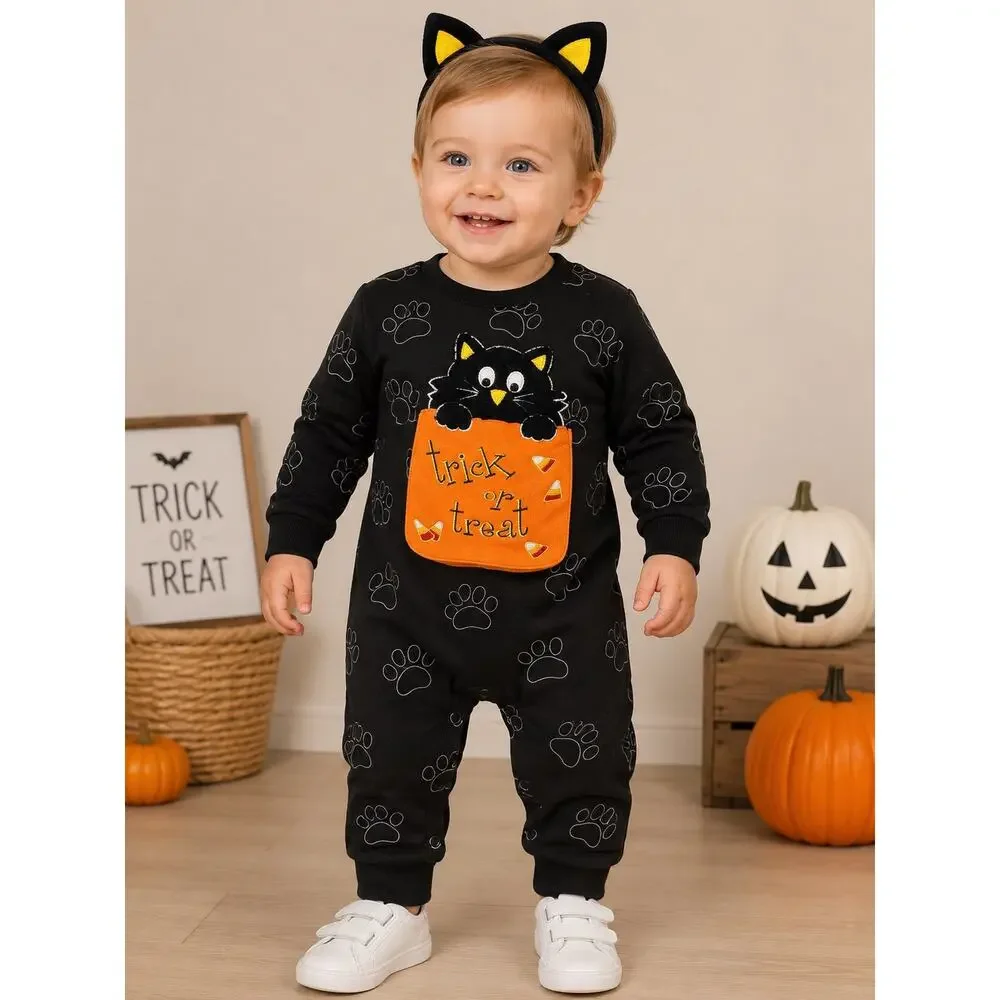 Funstuff Trick or Treat Black Cat Halloween Costume Romper Baby 18/24M NWT